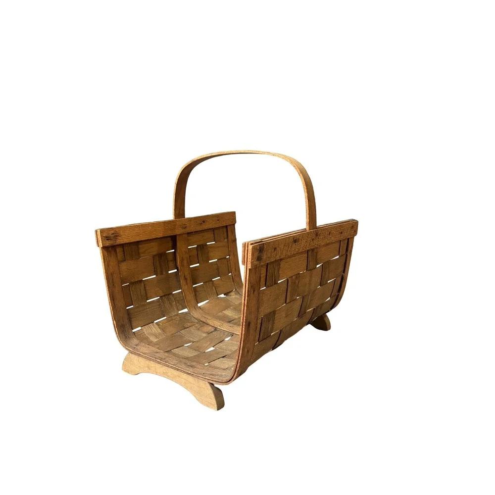 Vintage Woven Oak Splint Magazine Basket with Handle